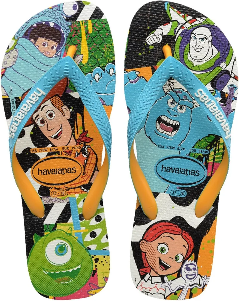 Havaianas - Disney Flip Flops elegantes, confortáveis, leves e resistentes, desenhos da Disney e da Pixar, tiras largas, adultos unissexo