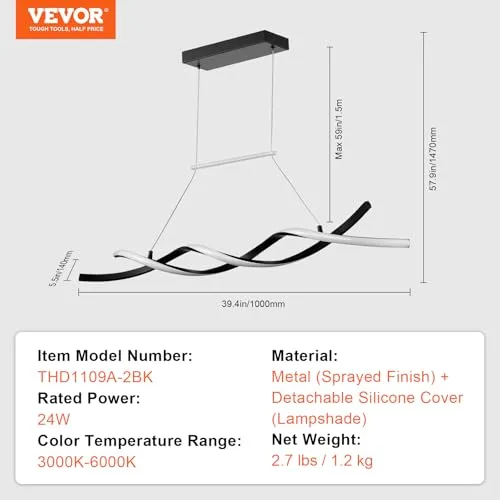 VEVOR ▫️ Luminárias de aranha modernas, 24 W, candeeiro suspenso LED regulável com abajur de silicone e comando à distância; candeeiros de teto ajustáveis com brilho e temperatura de cor de 3000 K a 6000 K para cozinha e sala de jantar 7