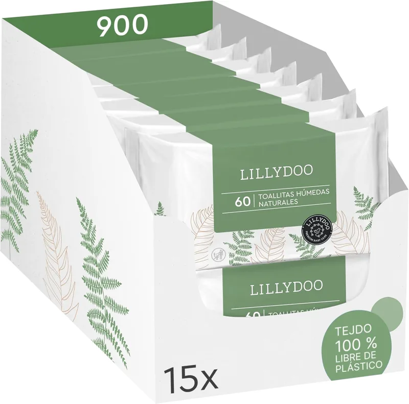 LILLYDOO ▫️ Toalhetes húmidos naturais verdes 900 unidades (15x60), 100% sem plástico e resistentes - sem perfume, limpeza suave e delicada para peles sensíveis, dermatologicamente testados.