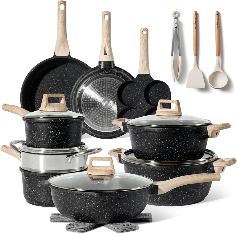 JUST PERFECTO HOUSEHOLD APPLIANCES ▫️ Conjunto de panelas antiaderentes Just Perfect de 21 peças, panelas antiaderentes de alumínio, para todos os fogões, incluindo indução, tachos e panelas com tampas (21 peças em preto)