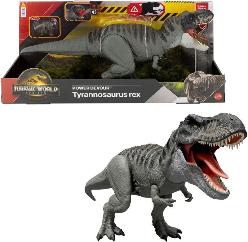Mattel ▫️ Jurassic World: O Renascido, figura Power Devour Tyrannosaurus rex com função de mordida contínua activada pela língua, luzes e sons, conjunto de jogo digital, JGB50