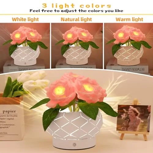 JHXLAMP ▫️ Presentes de aniversário para mulheres, candeeiro com flores de rosas, candeeiro tátil, luzes a pilhas, pequeno candeeiro noturno com regulação de intensidade e 3 cores, presentes para a mãe no Dia de 2