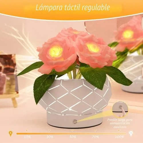 JHXLAMP ▫️ Presentes de aniversário para mulheres, candeeiro com flores de rosas, candeeiro tátil, luzes a pilhas, pequeno candeeiro noturno com regulação de intensidade e 3 cores, presentes para a mãe no Dia de 3