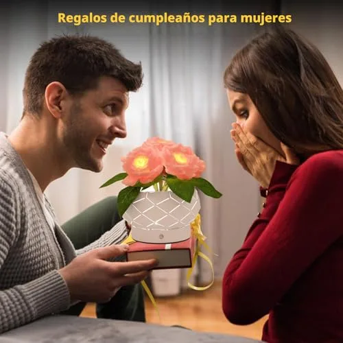 JHXLAMP ▫️ Presentes de aniversário para mulheres, candeeiro com flores de rosas, candeeiro tátil, luzes a pilhas, pequeno candeeiro noturno com regulação de intensidade e 3 cores, presentes para a mãe no Dia de 4