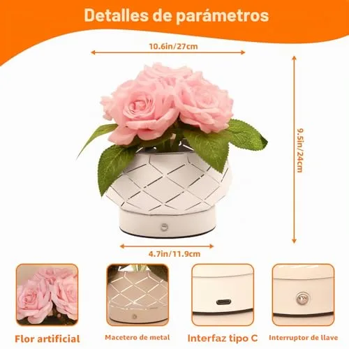 JHXLAMP ▫️ Presentes de aniversário para mulheres, candeeiro com flores de rosas, candeeiro tátil, luzes a pilhas, pequeno candeeiro noturno com regulação de intensidade e 3 cores, presentes para a mãe no Dia de 5