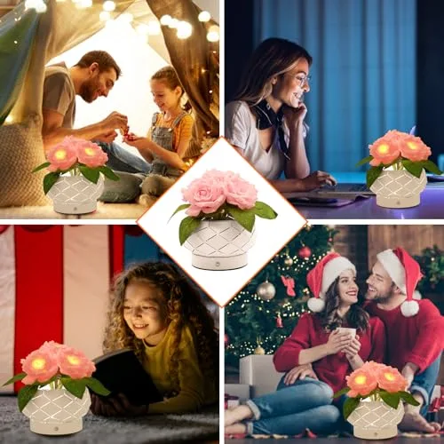 JHXLAMP ▫️ Presentes de aniversário para mulheres, candeeiro com flores de rosas, candeeiro tátil, luzes a pilhas, pequeno candeeiro noturno com regulação de intensidade e 3 cores, presentes para a mãe no Dia de 6