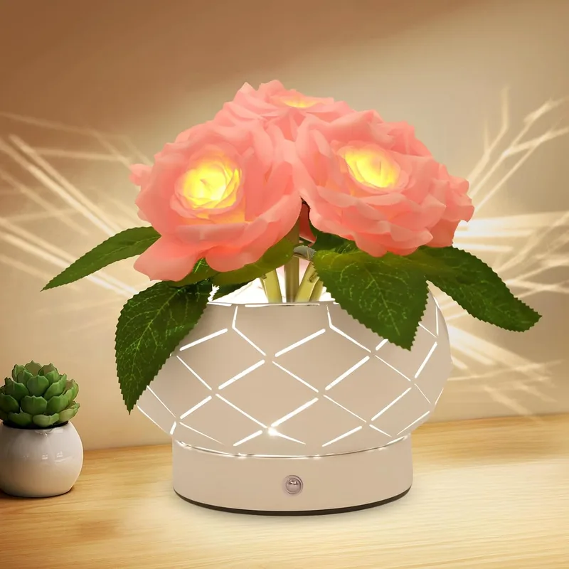 JHXLAMP ▫️ Presentes de aniversário para mulheres, candeeiro com flores de rosas, candeeiro tátil, luzes a pilhas, pequeno candeeiro noturno com regulação de intensidade e 3 cores, presentes para a mãe no Dia de
