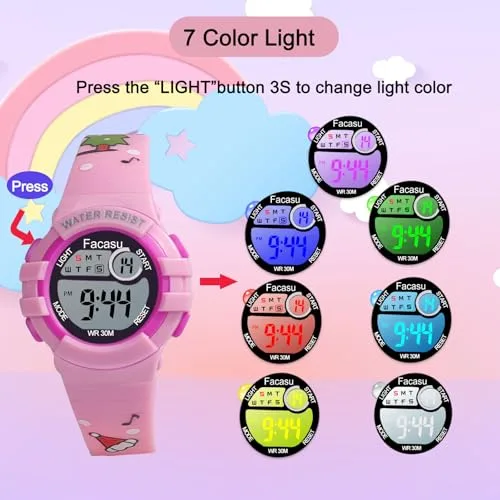 Facasu ▫️ Relógio digital para meninos e meninas, relógio infantil à prova de água, com luzes coloridas, ideal para desporto e atividades ao ar livre, com cronómetro e alarme, presente para crianças 3