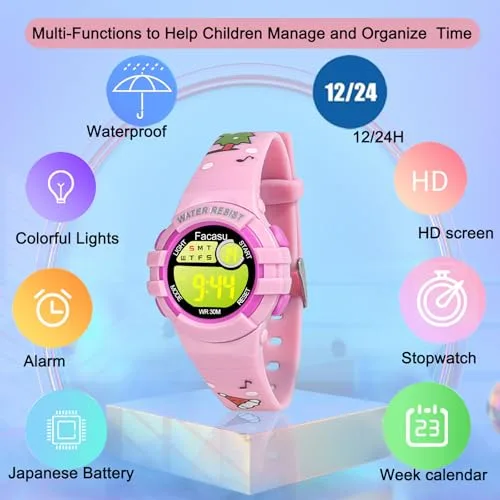 Facasu ▫️ Relógio digital para meninos e meninas, relógio infantil à prova de água, com luzes coloridas, ideal para desporto e atividades ao ar livre, com cronómetro e alarme, presente para crianças 4