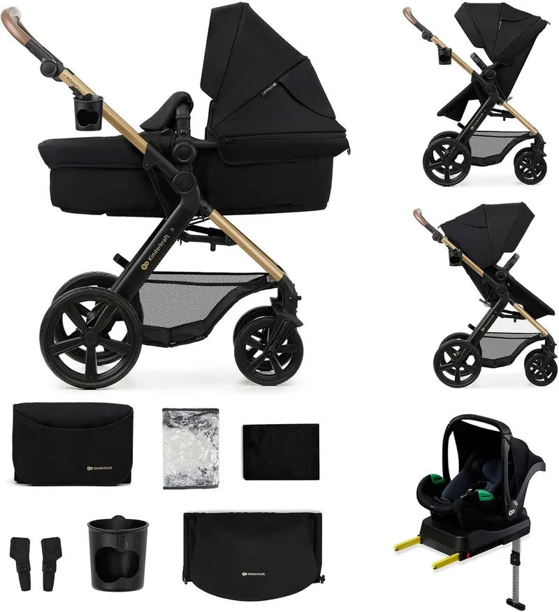 Kinderkraft ▫️ MOOV 2 Carrinho de bebé 4 em 1 com alcofa e carrinho de bebé, sistema de viagem com cadeira auto MINK PRO i-Size, rodas à prova de furos, até 22 kg, Preto
