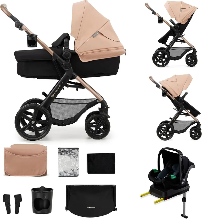 Kinderkraft ▫️ MOOV 2 – carrinho de bebé 4 em 1 com alcofa e cadeira de passeio, sistema de viagem com cadeira auto MINK PRO i-Size, rodas à prova de furos, até 22 kg, bege