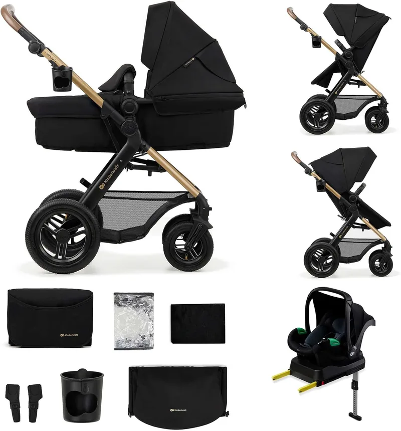 Kinderkraft ▫️ MOOV 2 AIR, carrinho de passeio 4 em 1 com alcofa e carrinho de bebé 2 em 1, rodas insufláveis todo-o-terreno, Travel System com MINK PRO i-Size, até 22 kg, Preto