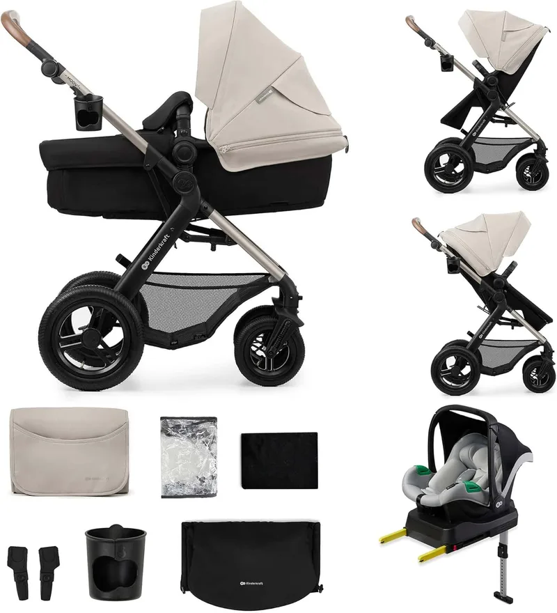 Kinderkraft ▫️ MOOV 2 AIR, carrinho de bebé 4 em 1 com alcofa e carrinho de bebé 2 em 1, rodas insufláveis todo-o-terreno, Travel System com MINK PRO i-Size, até 22 kg, Cinzento