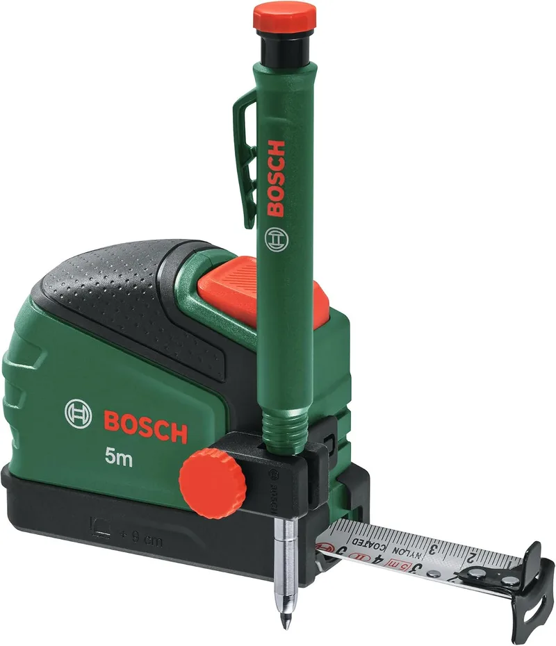Bosch ▫️ Fita métrica de 5 m + lápis marcador (com clipe para o lápis, bloqueio automático, revestimento em nylon, marcação a cada 2 m, régua métrica, alta precisão, clipe para cinto, pega macia) - Edição Amazon