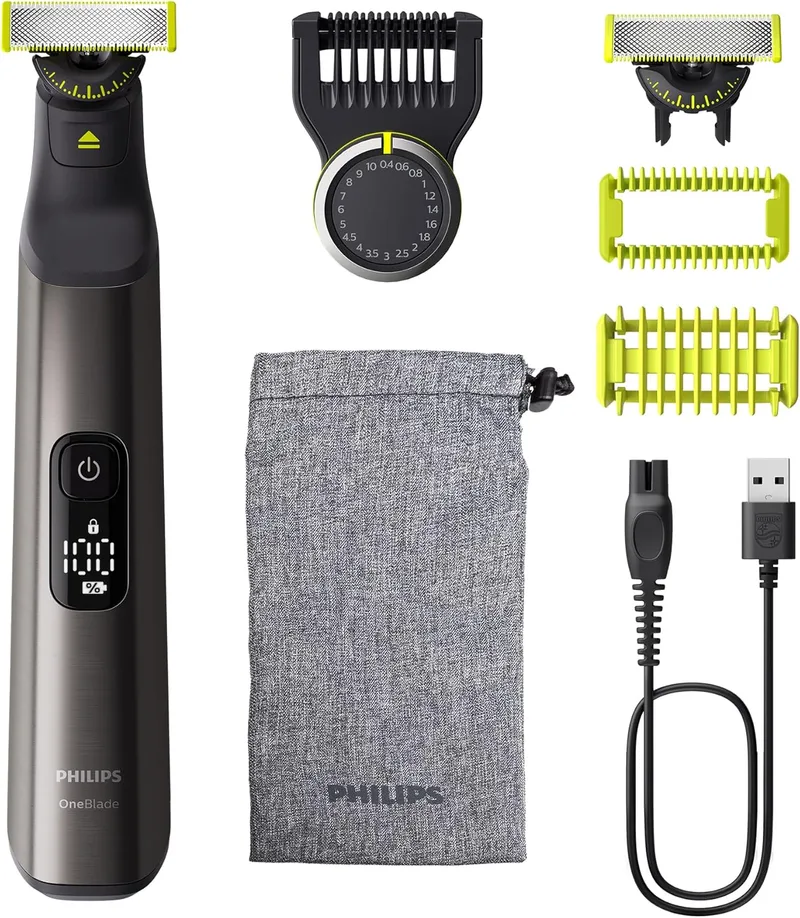 Philips ▫️ OneBlade Pro 360 Genuine Barber, máquina de barbear e aparar eléctrica para rosto e corpo, 2x lâminas 360, 1x pente de 20 comprimentos, 1x kit para o corpo, 1x estojo macio, QP6552/30