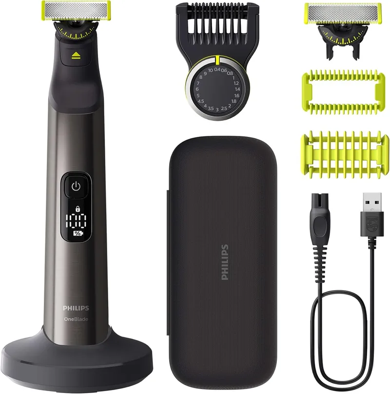 PHILIPS ▫️ OneBlade Pro 360: aparador, máquina de barbear e aparador elétrico para rosto e corpo, 2 lâminas de 360º, pente com 14 comprimentos, kit para o corpo, base de carregamento, bolsa de viagem, Preto, QP6652/30