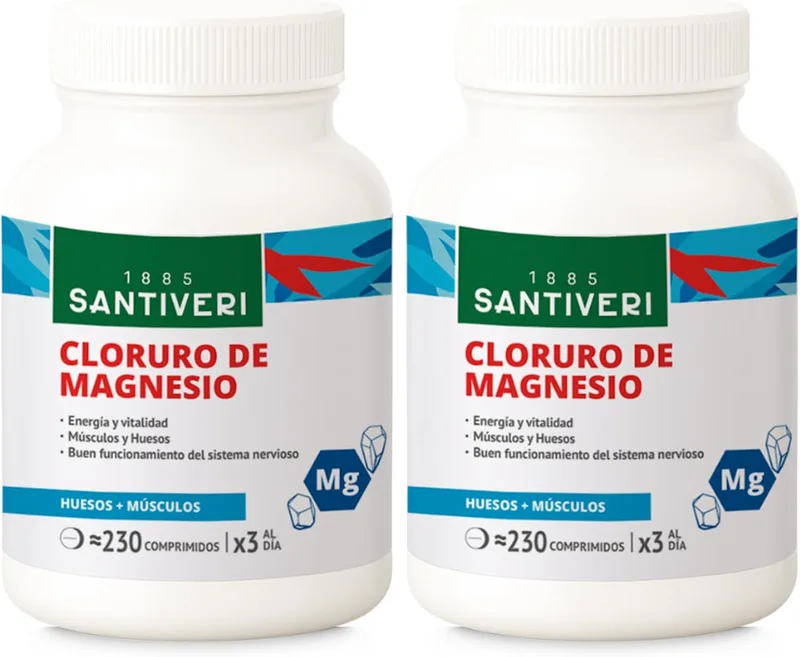 SANTIVERI ▫️ Cloreto de magnésio, suplemento alimentar à base de magnésio, ajuda a reduzir a fadiga e contribui para o estado normal dos músculos, dos ossos e do sistema nervoso - 2 x 230 comprimidos