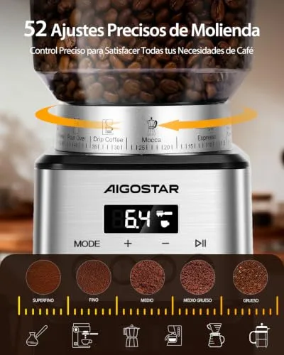 Aigostar ▫️ Moedor de café elétrico 52 níveis de moagem, aço inoxidável 2