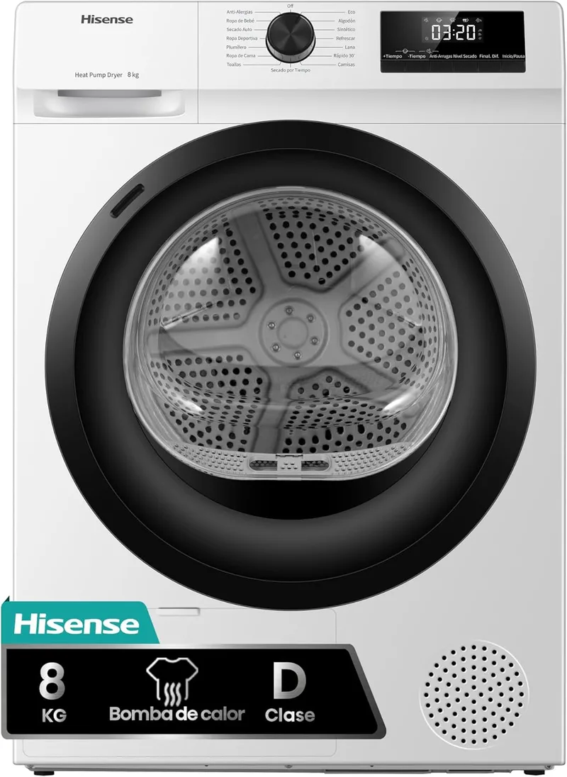 Hisense ▫️ DHQE800BW2 - Máquina de secar roupa, 8Kg, classe D, largura 60cm, 16 programas, secagem automática, secagem rápida, secagem de vincos, bomba de calor, secagem por refrescamento de iões, branco