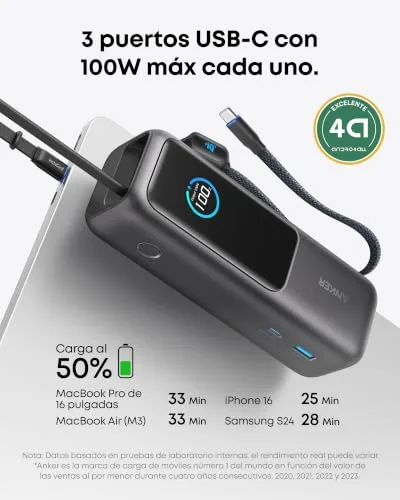 Anker ▫️ Power Bank Zolo de 25 000 mAh e 165 W com três portas USB-C 3