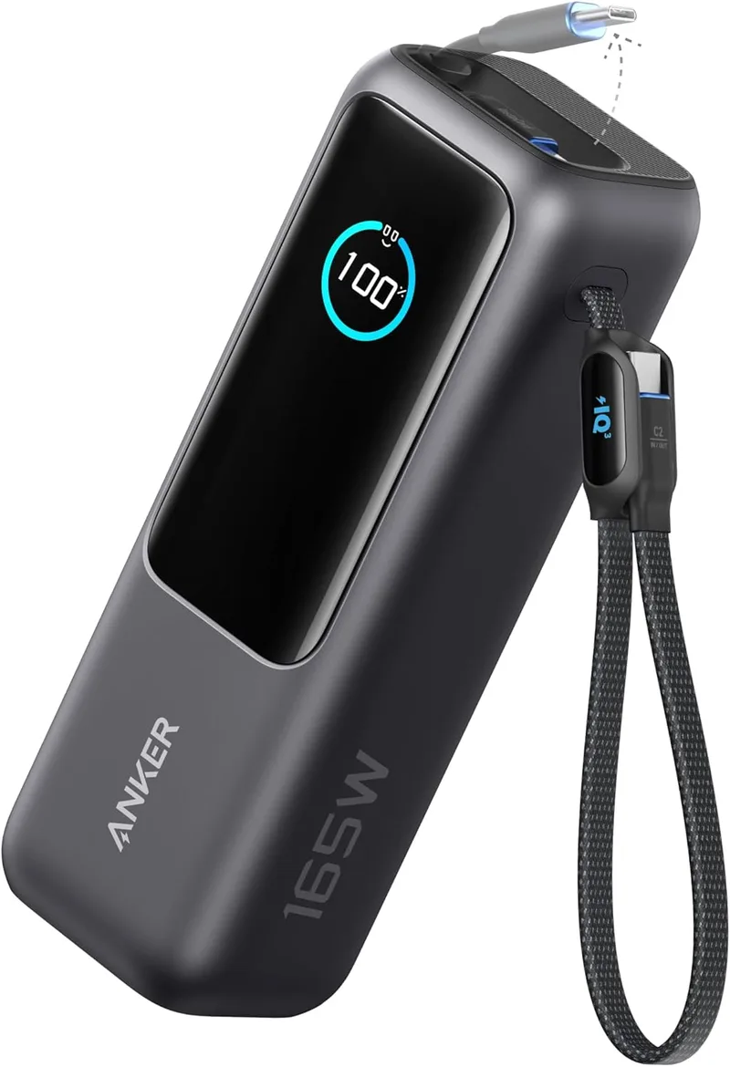 Anker ▫️ Zolo Power Bank (25K, 165W, USB-C incorporado e cabo retrátil) Carregador portátil de alta velocidade, 1 USB-C, 1 USB-A, bateria para iPhone 16/15/15 Pro/15 Pro Max/15 Plus, MacBook, Galaxy e muito mais