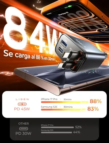 LISEN ▫️ Carregador de carro de carregamento rápido retrátil de 84 W – Acessórios para carro e autocaravana para iPhone 17, PD45W USB-C, carregador para isqueiro, gadgets 12/24 V para Samsung S25 e Xiaomi [2026 Compacto] Presentes de Dia dos Namorados para Homem 2