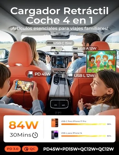 LISEN ▫️ Carregador de carro de carregamento rápido retrátil de 84 W – Acessórios para carro e autocaravana para iPhone 17, PD45W USB-C, carregador para isqueiro, gadgets 12/24 V para Samsung S25 e Xiaomi [2026 Compacto] Presentes de Dia dos Namorados para Homem 4