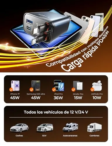 LISEN ▫️ Carregador de carro de carregamento rápido retrátil de 84 W – Acessórios para carro e autocaravana para iPhone 17, PD45W USB-C, carregador para isqueiro, gadgets 12/24 V para Samsung S25 e Xiaomi [2026 Compacto] Presentes de Dia dos Namorados para Homem 6
