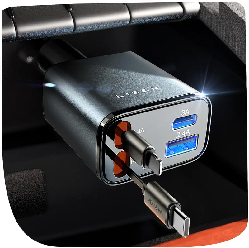LISEN ▫️ Carregador Retrátil para Automóvel com Carregamento Rápido de 84 W, Acessórios Eletrónicos para Automóveis e Autocaravanas – Destaque do Dia: PD45W, Carregador USB-C para isqueiro, Gadgets 12/24 V para iPhone 17, 13, Xiaomi, iPad, Tablet, Kindle e Auscultadores