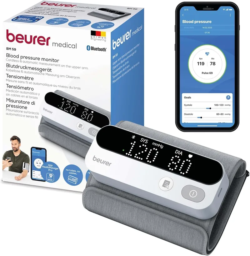 Beurer ▫️ BM 59, tensiómetro de braço, braçadeira sem tubos nem cabos, indicador de risco por LED, deteção de arritmias, braçadeira para 22-42 cm, com aplicação, transferência de dados para o Apple Health e muito mais