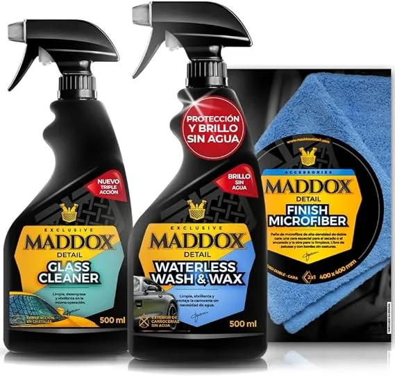 Maddox Detail ▫️ Pacote de Limpeza Integral | Limpeza e Proteção Completa | Alta eficiência e fácil aplicação | Waterless Wash & Wax, Glass Cleaner e Finish Microfiber