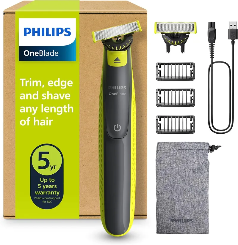 PHILIPS ▫️ OneBlade 360 Original – Aparador e máquina de barbear elétrica para barba, 2 lâminas 360, 3 pentes para barba por fazer (1, 3, 5 mm), QP2724/31