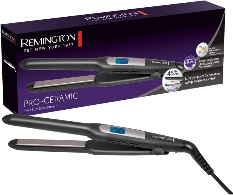 Remington ▫️ Alisador de cabelo S5515 Extra Fine Pro-Ceramic para cabelo curto, barba e cortes pixie, placas flutuantes, revestimento cerâmico avançado, 9 regulações de temperatura 150-230°C