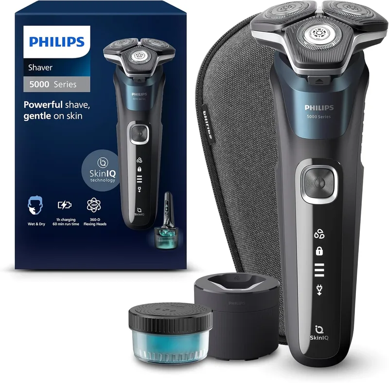 PHILIPS ▫️ Shaver série 5000, máquina de barbear elétrica Wet & Dry com tecnologia SkinIQ, aparador de barbas retrátil, estojo de viagem, Quick Clean Pod, azul elétrico, modelo S5889/50