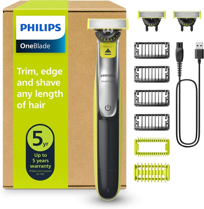 Philips ▫️ OneBlade 360 Genuine Barber, máquina de barbear e aparar eléctrica para rosto e corpo, 3 lâminas 360, 4 pentes para pêlos (1,2,3,5 mm), 1 kit para o corpo, QP2834/31