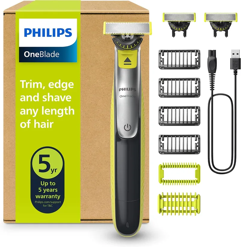 PHILIPS ▫️ OneBlade 360 Auténtico Barbeiro, máquina de barbear e aparador elétrico para o rosto e o corpo, 3 conjuntos de lâminas 360, 4 pentes para barba por fazer (1, 2, 3, 5 mm), 1 kit para o corpo, QP2834/31