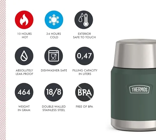 THERMOS ▫️ ICON Food Jar 0,47 l, verde mate/floresta, 470 ml, parede dupla, aço inoxidável 18/8, mantém o calor e o frio, com colher dobrável, base antiderrapante, totalmente hermética 6