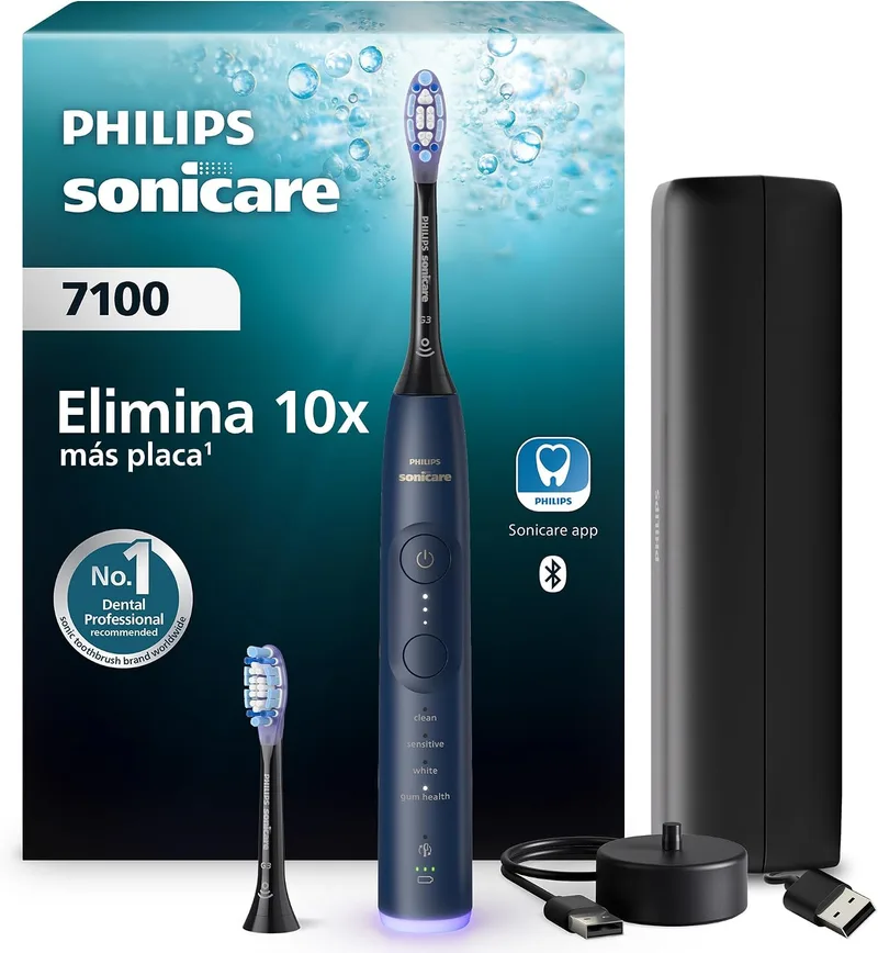 PHILIPS ▫️ Escova de dentes elétrica Sonicare 7100, sónica, 4 modos de escovagem, 3 níveis de intensidade, alerta de pressão, EasyStart, SmarTimer, azul-marinho, HX7423/01 [Nova Tecnologia]