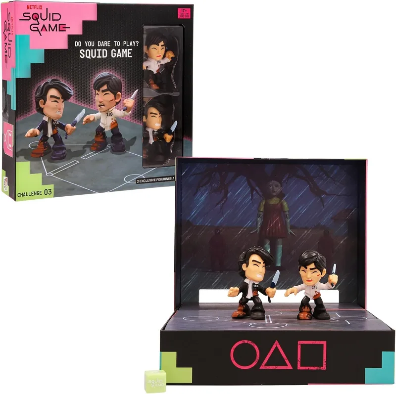 IMC Toys ▫️ Jogo «Desafio Final» de «Squid Game», Mini Conjunto, Recrie a cena com 2 figuras exclusivas, Os desafios da série da Netflix para brincar e expor, Jogo para adultos a partir dos 17 anos