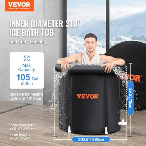 VEVOR ▫️ Banheira de gelo de 850 x 750 mm para terapia de água fria para desportistas, piscina de imersão portátil para exterior com barril de gelo para recuperação, 398 L com tampa, preta 2