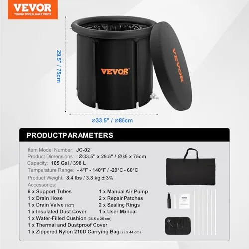 VEVOR ▫️ Banheira de gelo de 850 x 750 mm para terapia de água fria para desportistas, piscina de imersão portátil para exterior com barril de gelo para recuperação, 398 L com tampa, preta 7