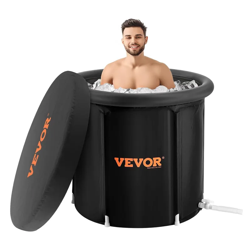 VEVOR ▫️ Banheira de gelo de 850 x 750 mm para terapia de água fria para desportistas, piscina de imersão portátil para exterior com barril de gelo para recuperação, 398 L com tampa, preta