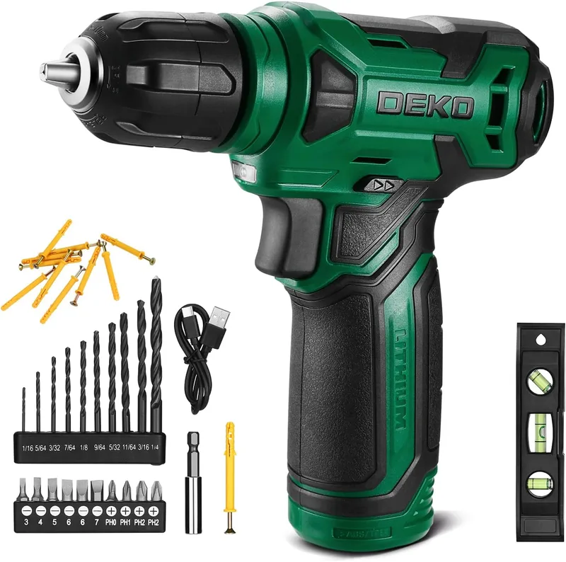 DEKOPRO ▫️ Berbequim aparafusador sem fios 8V, com mandril de 10MM, luz LED, cabo de carregamento tipo C, acessórios 42 peças, berbequim elétrico para furar e apertar/desapertar parafusos, verde