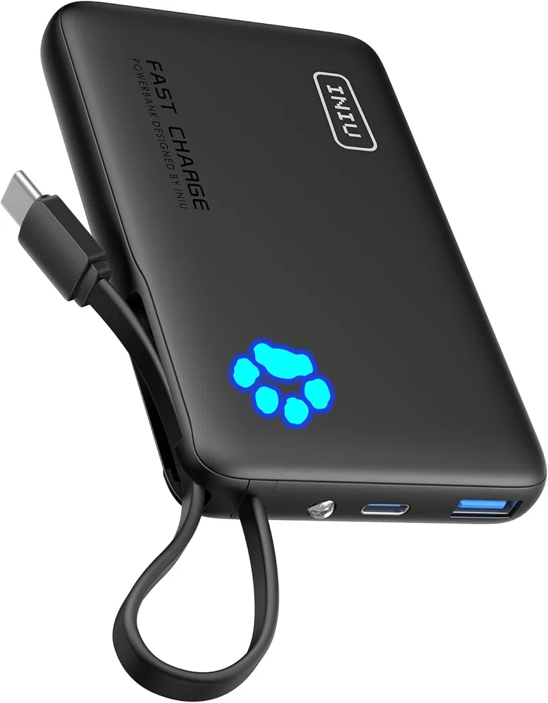 INIU ▫️ Power Bank, Bateria Externa de 45 W com Carregamento Rápido, Mini Carregador Portátil de 10 000 mAh com Cabo USB-C Integrado, Adequado para Utilização em Aviões, Bateria Portátil para iPhone 17, 16, 15, 14 e 13, Samsung, Xiaomi, iPad, etc.