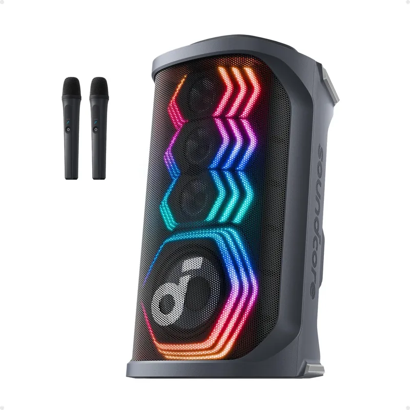 Soundcore ▫️ Rave 3S: Altifalante Bluetooth para karaoke, 2 microfones sem fios, potência de 200 W, eliminação de voz com IA, amplificador de voz, reverberação, luzes, 12 h