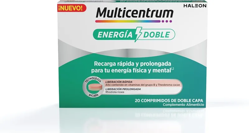 MULTICENTRUM ▫️ Energía Doble, Suplemento Alimentar, 20 Comprimidos | Vitaminas do grupo B, Biotina, Rhodiola rosea, Theobroma cacao, Energia física e mental, Comprimidos de dupla camada