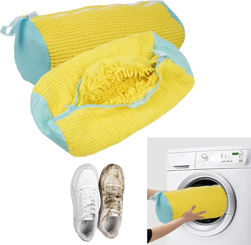 Newpop ▫️ 2 pcs Saco de lavagem de sapatos para máquina de lavar roupa, sacos de lavagem de sapatos, saco de lavandaria com fecho de correr, saco de malha reutilizável para máquina de lavar roupa, 360°, 39x19CM (amarelo)