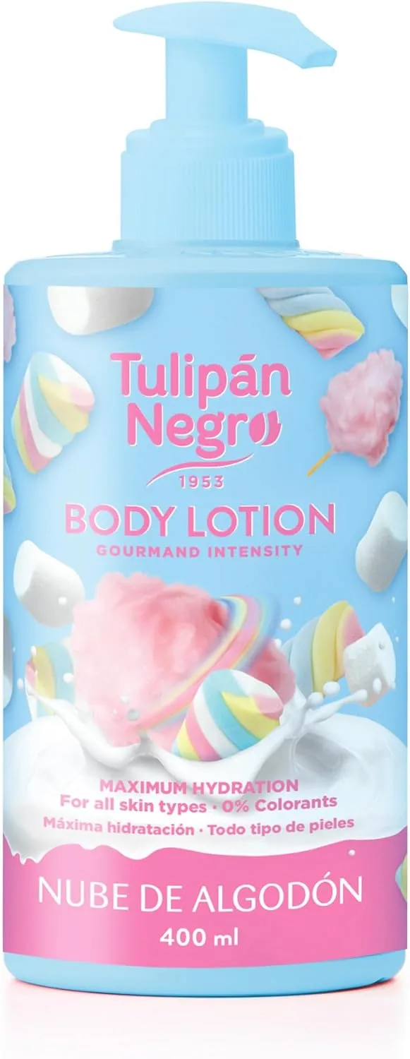 TULIPAN NEGRO ▫️ Tulipán Negro - Loção Corporal «Nuvem de Algodão» com Dispensador, Hidratação Intensa para Todos os Tipos de Pele, Creme Corporal com Fragrância Doce de Algodão-doce, 400 ml