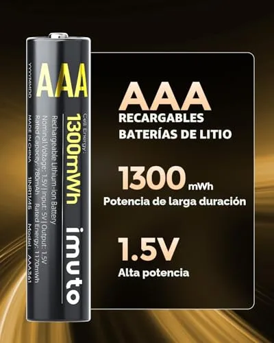 imuto ▫️ Pilhas recarregáveis AAA 1,5 V 1300 mWh Bateria de lítio de alta capacidade, mais de 2500 ciclos, com carregamento rápido, preta, carregador com ecrã LED 2