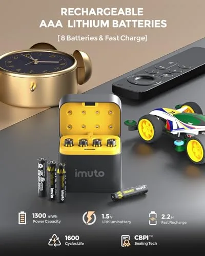 imuto ▫️ Pilhas recarregáveis AAA 1,5 V 1300 mWh Bateria de lítio de alta capacidade, mais de 2500 ciclos, com carregamento rápido, preta, carregador com ecrã LED 7